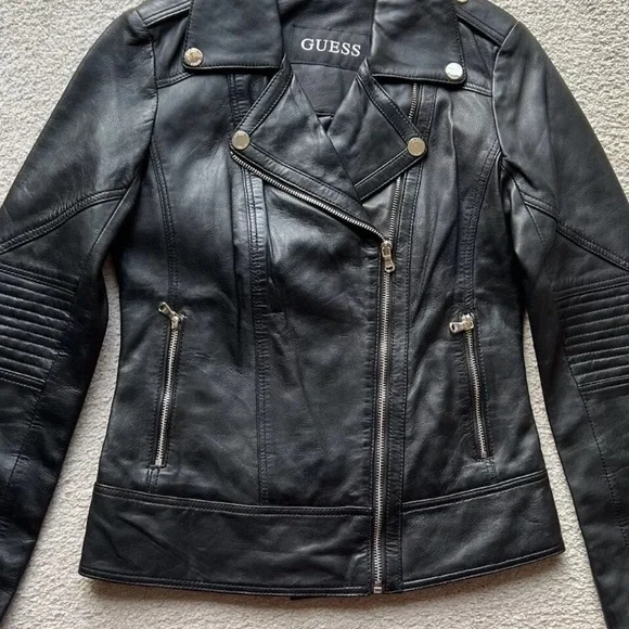 Guess Moto Black Leather Jacket with Asymmetrical Zipper Gold Ascents Size S/M - Picture 5 of 13
